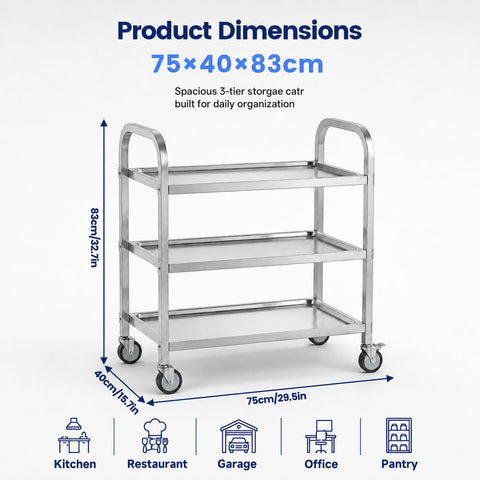 3 Tier Stainless Steel Cart, Rolling Catering Storage Cart (75×40×83cm)