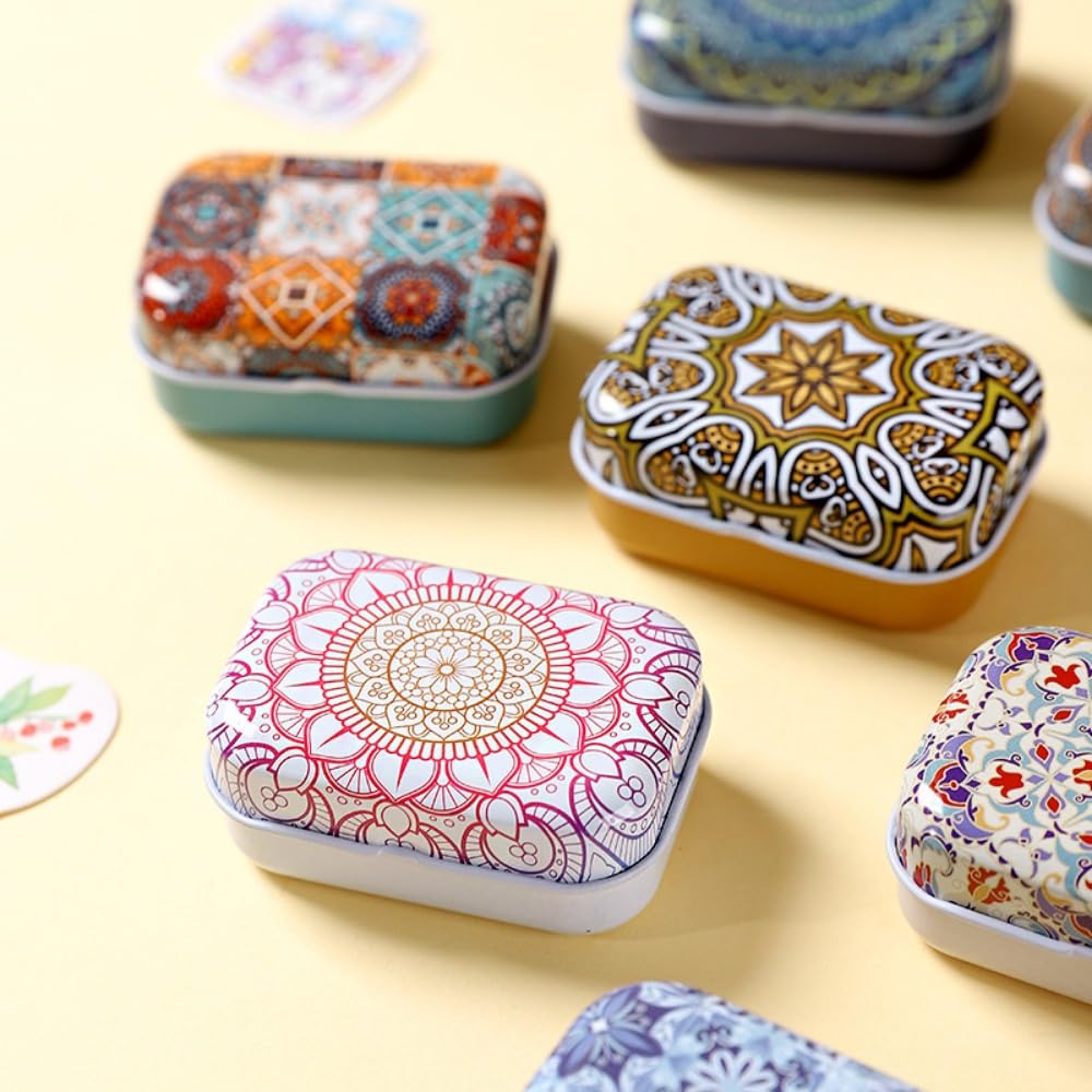 CCUUHJ 8 Pack Rectangular Small Tin Box Metal Hinged Tins for Candies Jewelry, 6X4X2.5 CM (Ethnic Pattern)