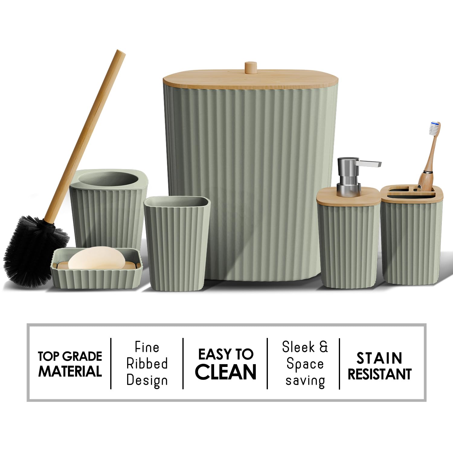 Clara Clark Bathroom Set - Sage Green Bathroom Accessories Set, 6PC Bathroom Accessory Set, Bathroom Sets with Toilet Brush