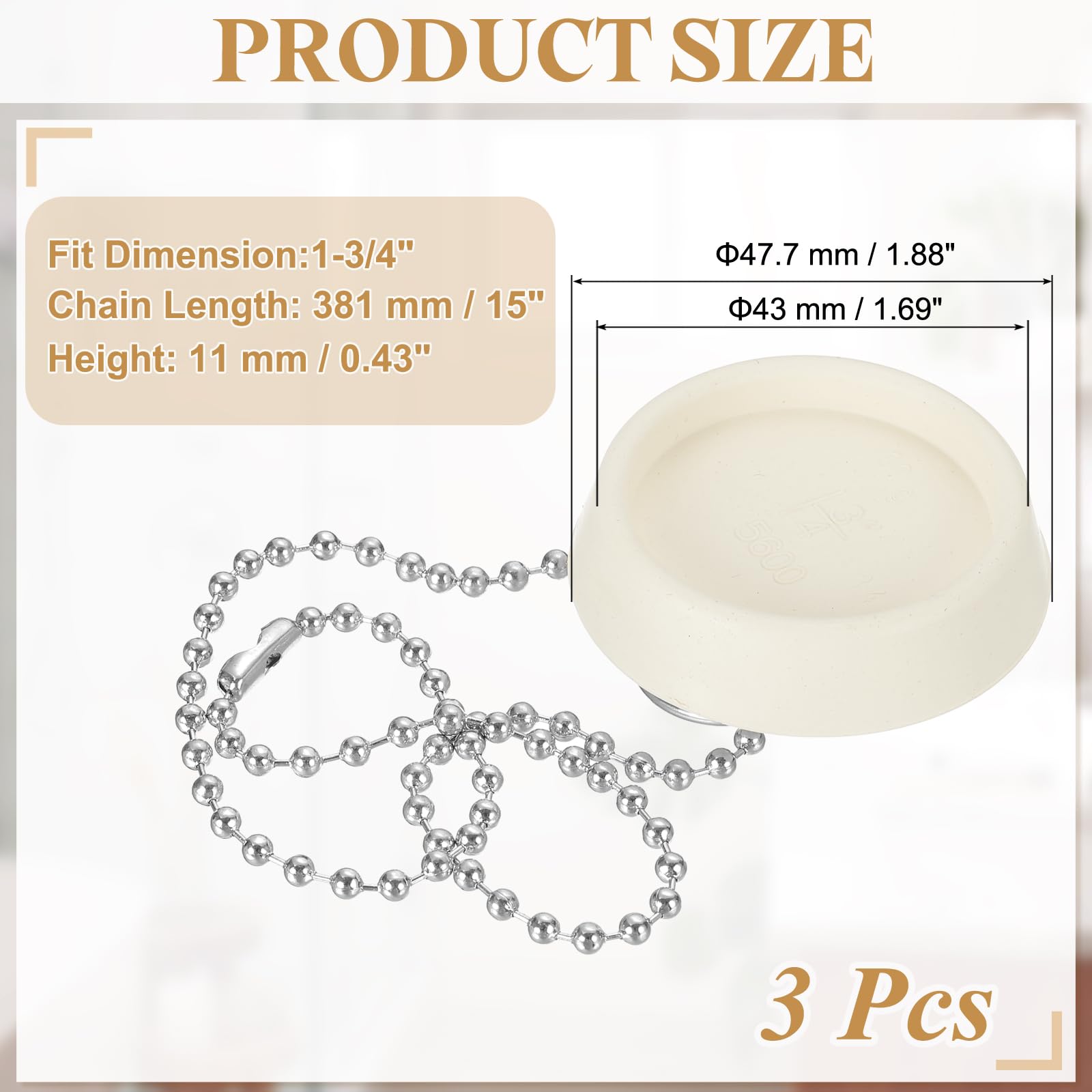 PATIKIL Tub Drain Stopper, 3Pcs for 1-3/4" Rubber Bath Tub Drain Sink Stopper with Pull Ring Stainless Steel Beaded Chain for Kitchen Sink Bathroom