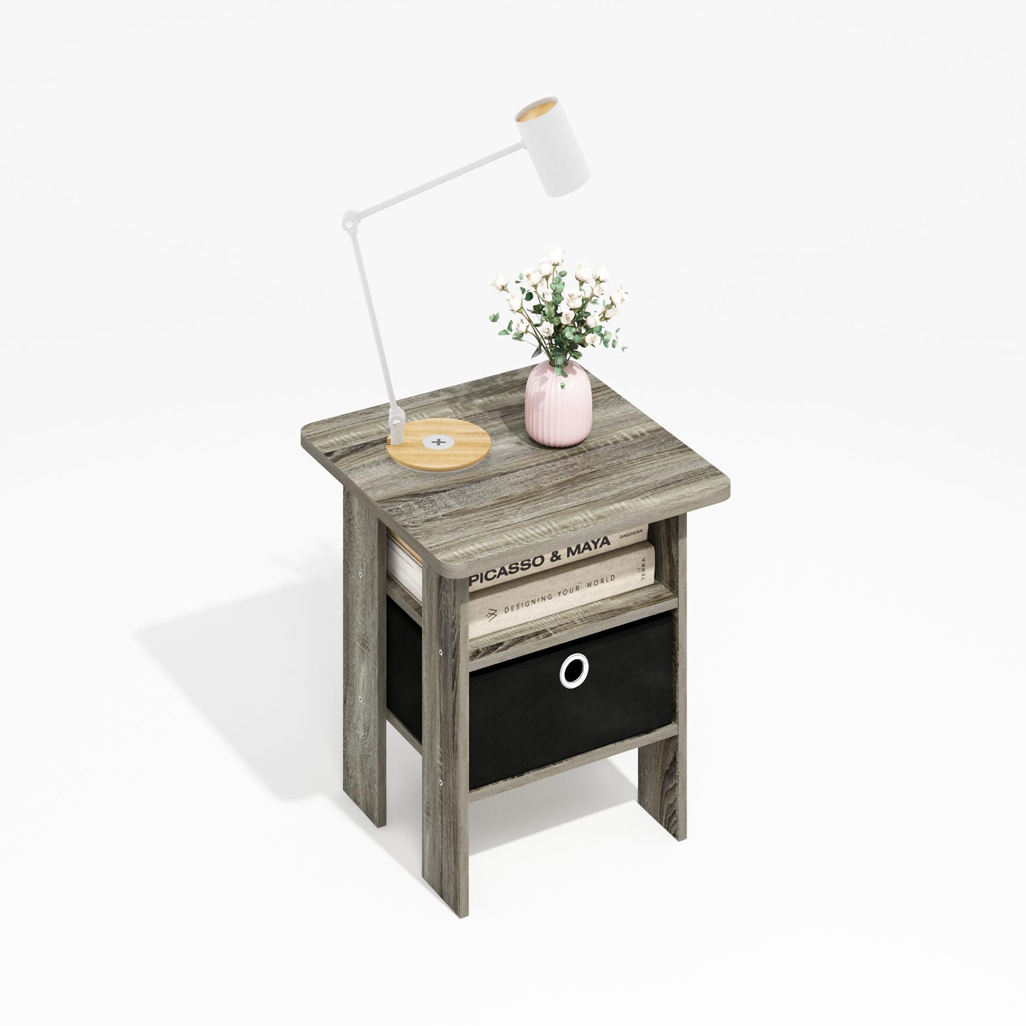 Furinno MODERN Square Top Side Table with Storage Bin, Grey Oak