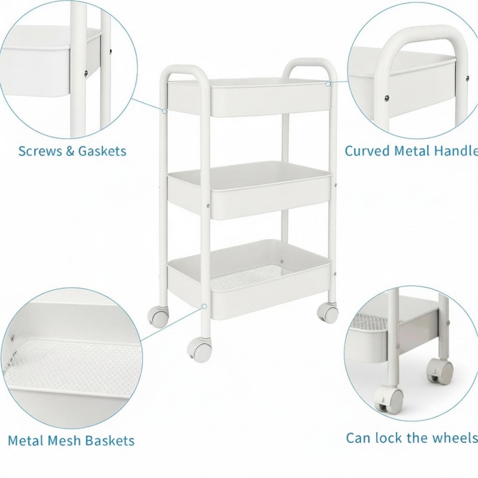 Nikphobos 3 Tier Storage Trolley, Metal Trolley Rolling Utility Cart on Wheels with Hooks, Multi-Purpose Organizer for Kitchen Bathroom Bedroom Office