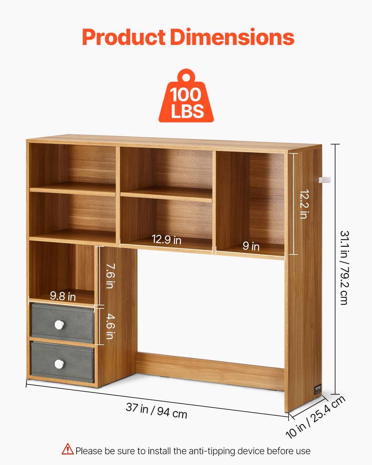 VEVOR Desktop Bookshelf, 3-Tier Wood Desktop Storage Organizer, 37" x 10" x 31.1" Office Storage Rack Wood Display Shelf