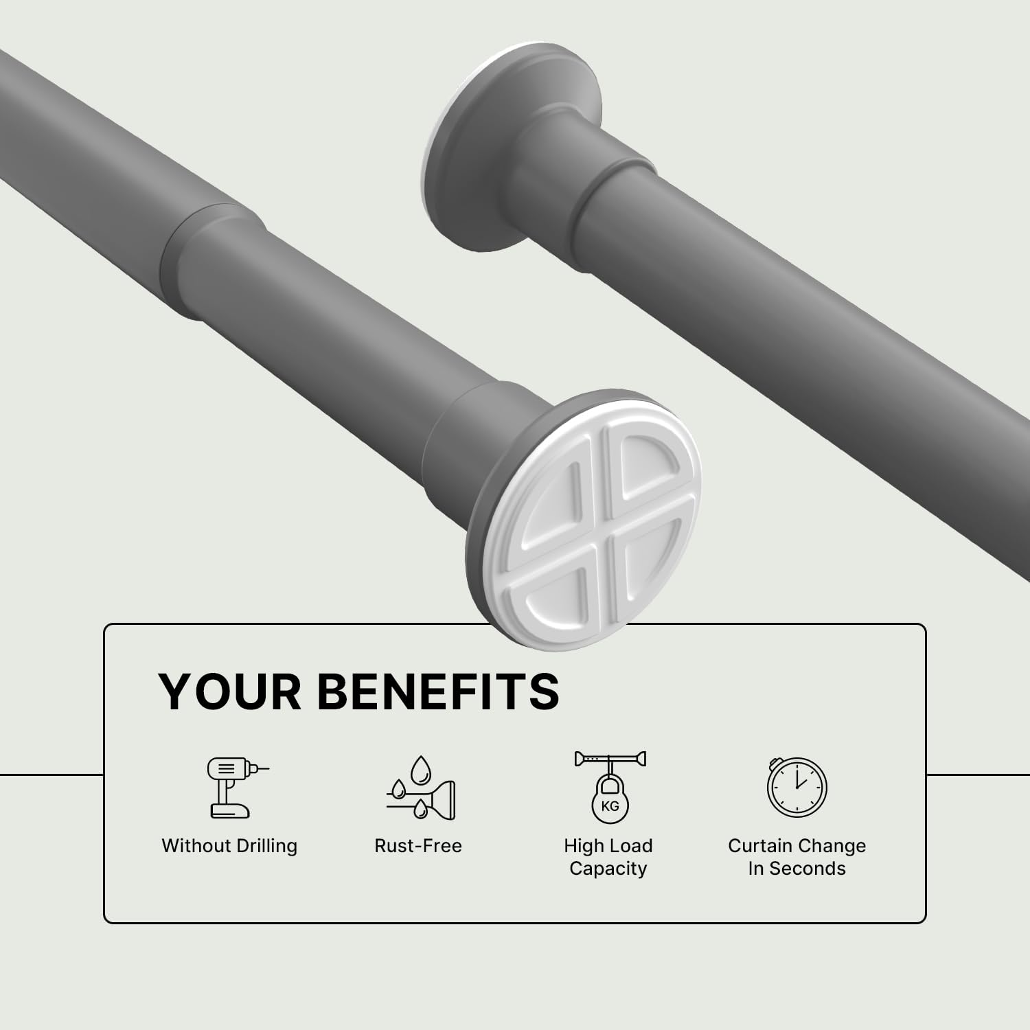 MEISENBERG Shower Curtain Pole Gray, Extendable Curtain Poles 90-160 cm - Ø 25 mm Diameter, Shower Rail Extendable No Drill - for Bathroom