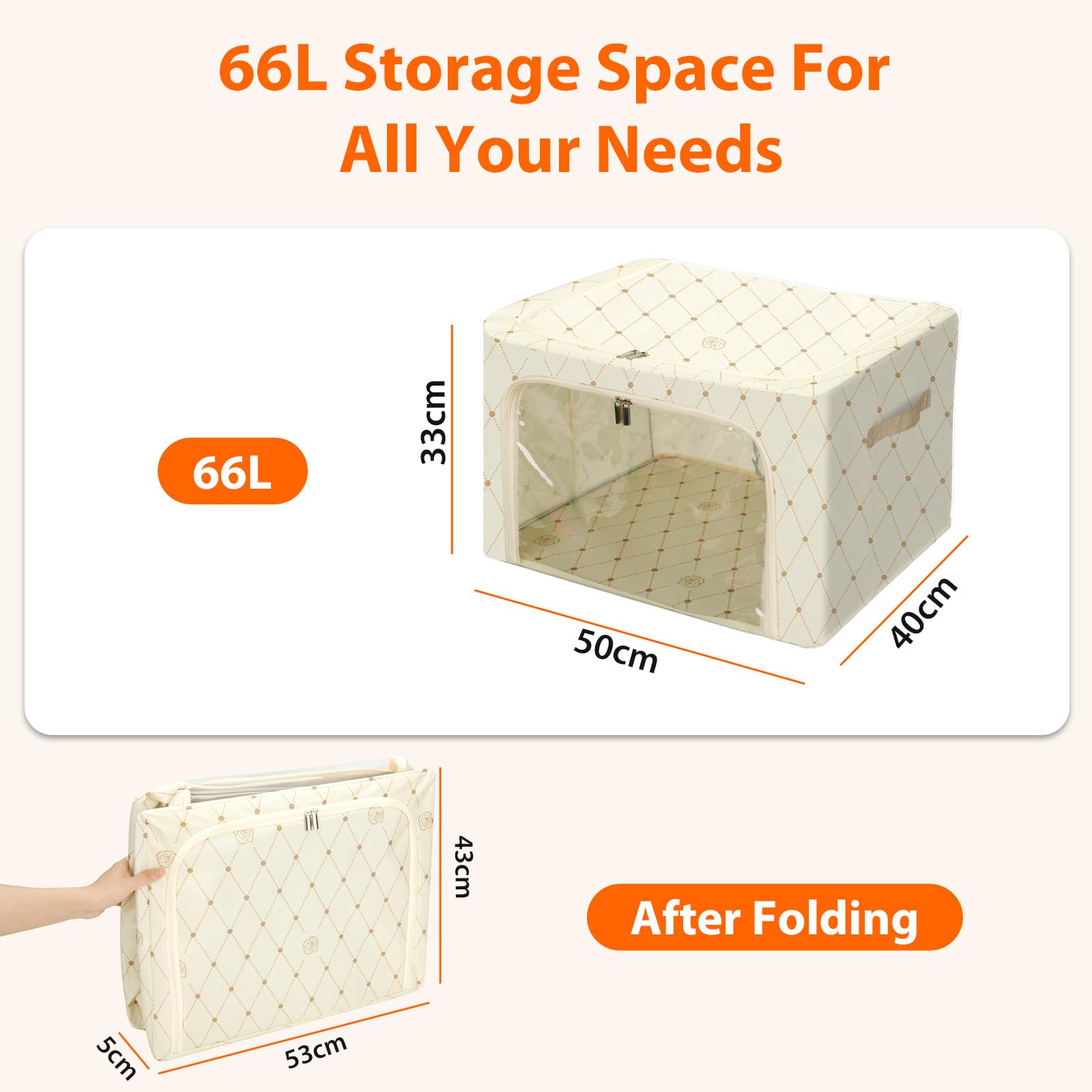 Cozary 66L Storage Box with Lid, Storage Bag for Duvets with Zips, Metal Frame, Sturdy Foldable Clothes Storage Box for Clothes