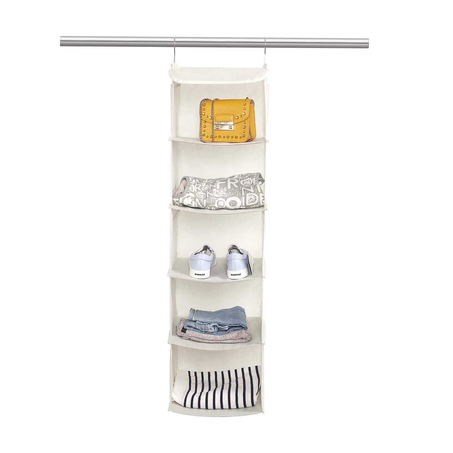 BrilliantJo Hanging Storage with 5 Shelves Wardrobe Closet Organiser, Storage Shelves Unit with 6 Pockets for Clothes - Beige(30 x 30 x 108cm)