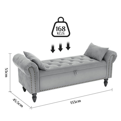 Clevich 133cm Velvet Storage Ottoman Bench, 168KG Load Capacity, Light Grey