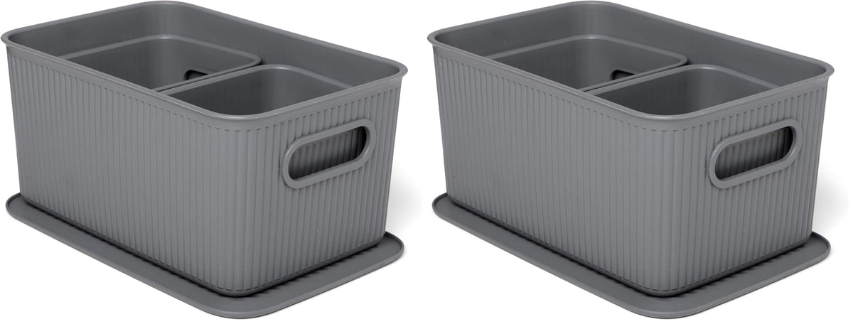 TATAY 7010814 Multipurpose Organiser Set with Lid, 3 x Charcoal Grey, Medium (Pack of 2)
