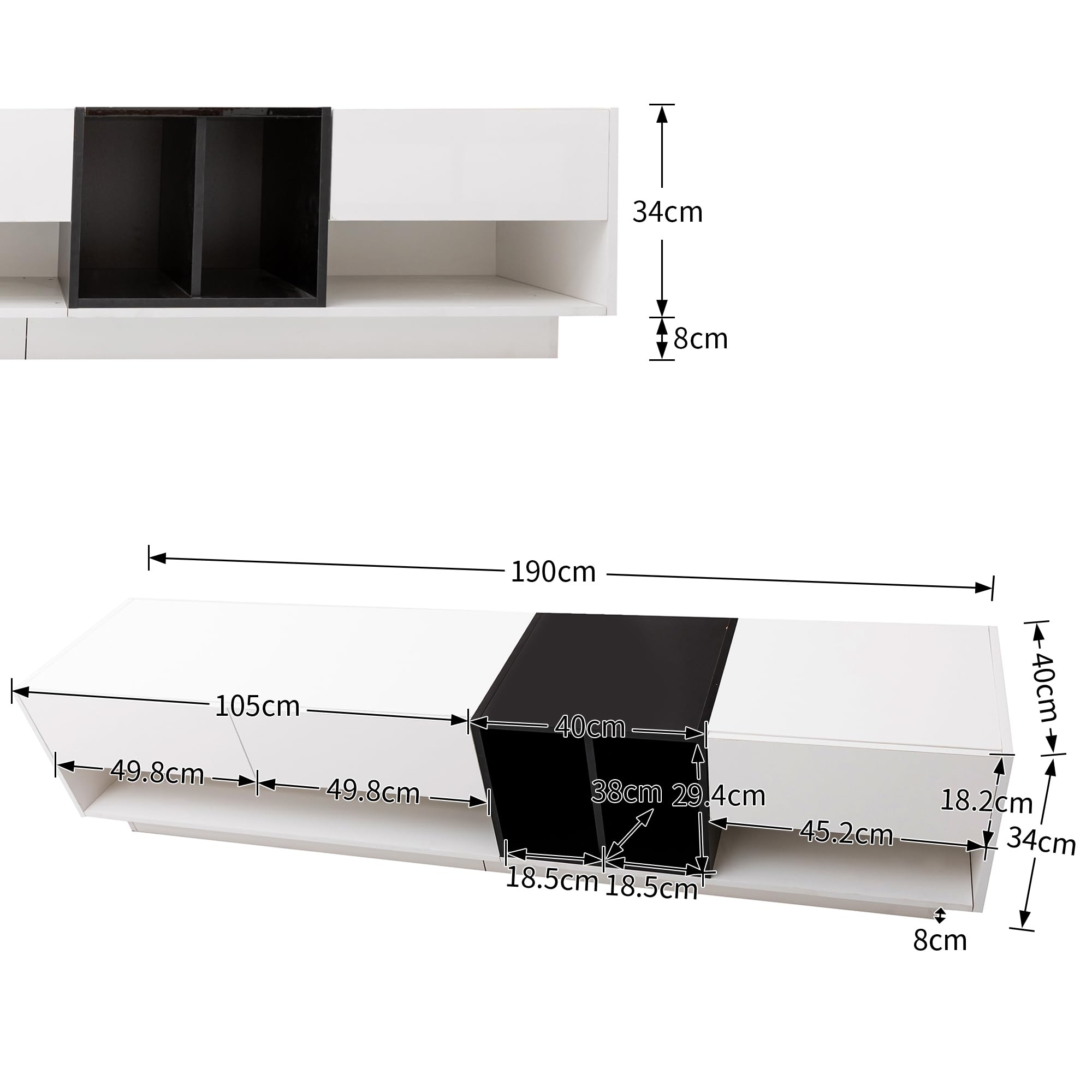 Ball & Cast High Gloss TV Stand Cabinet, TV Stand with Drawers and Compartments, White and Black TV Cabinet,190x40x34cm