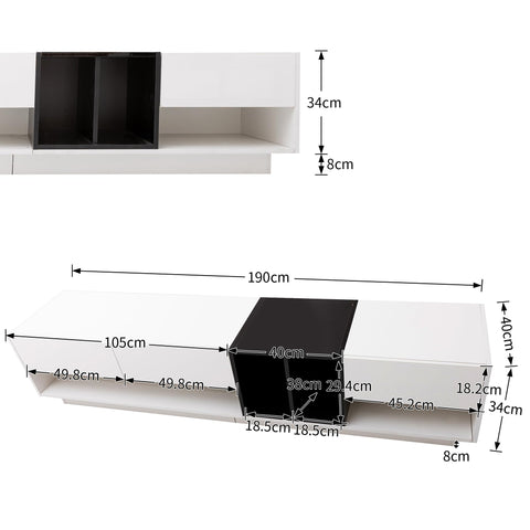 Ball & Cast High Gloss TV Stand Cabinet, TV Stand with Drawers and Compartments, White and Black TV Cabinet,190x40x34cm