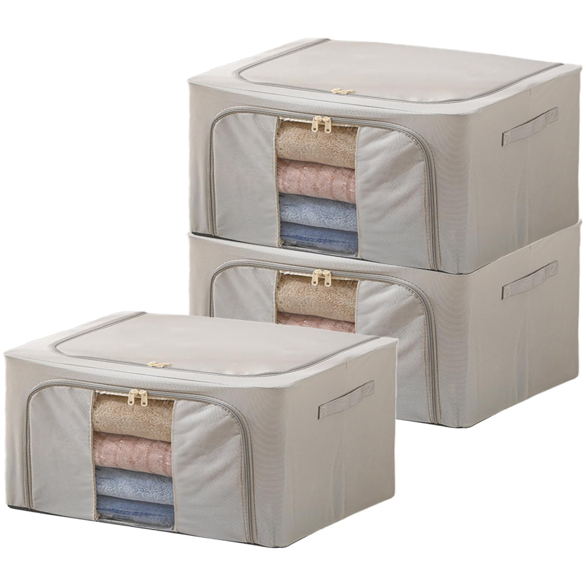 Goesort 3 Pack Clothes Storage Boxes with Steel Frame Support, 22L Moving Bag Wardrobe Storage Organiser Packing Boxes for Moving House with Clear