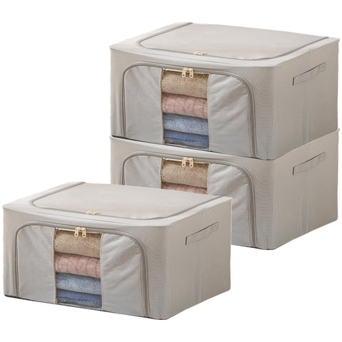 Goesort 3 Pack Clothes Storage Boxes with Steel Frame Support, 22L Moving Bag Wardrobe Storage Organiser Packing Boxes for Moving House with Clear