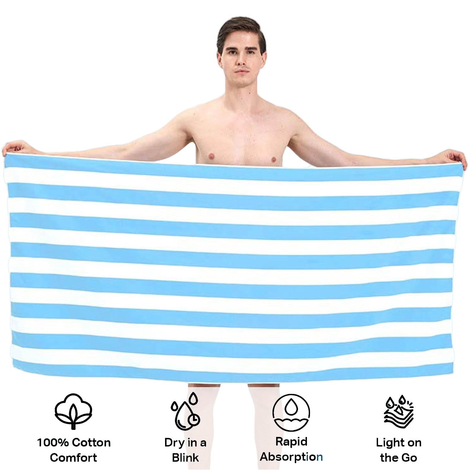 Large Quick Dry Microfibre Beach Bath Towel,Double Sides Light Blue White Striped Sand Free Beach Towel with Bag,Lightweight Gym Yoga Sports