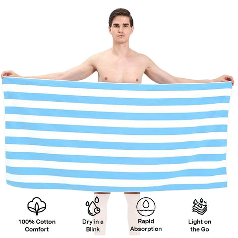 Large Quick Dry Microfibre Beach Bath Towel,Double Sides Light Blue White Striped Sand Free Beach Towel with Bag,Lightweight Gym Yoga Sports