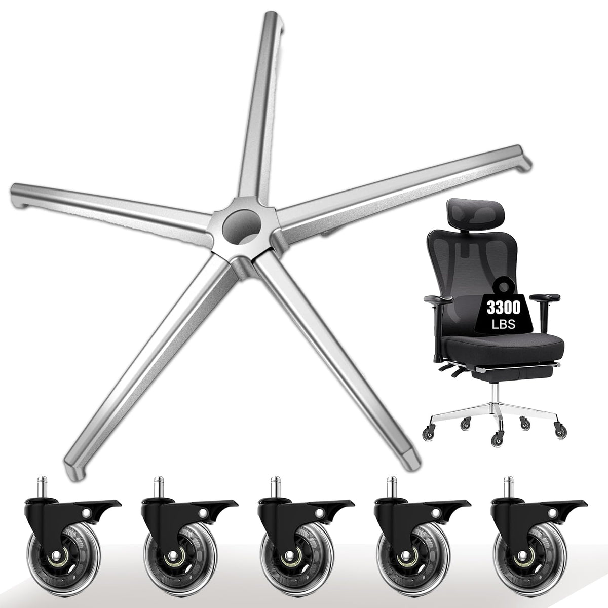Office Chair Base Replacement PartsWith 5 Casters with Brakes(3300 lbs) - Heavy Alloy Office Chair Base Replacement, Universal Gas Cylinder