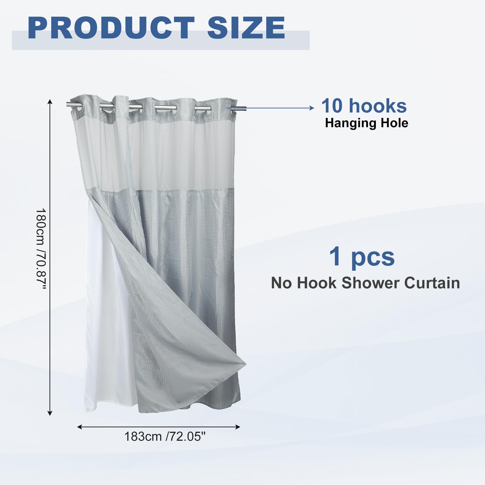 DTGN No Hook Shower Curtain, 180Wx183L cm Polyester Snap-in Removable Liner Set, Waterproof Washable Waffle Weave Textured Shower Curtains for Home