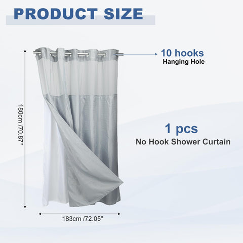 DTGN No Hook Shower Curtain, 180Wx183L cm Polyester Snap-in Removable Liner Set, Waterproof Washable Waffle Weave Textured Shower Curtains for Home