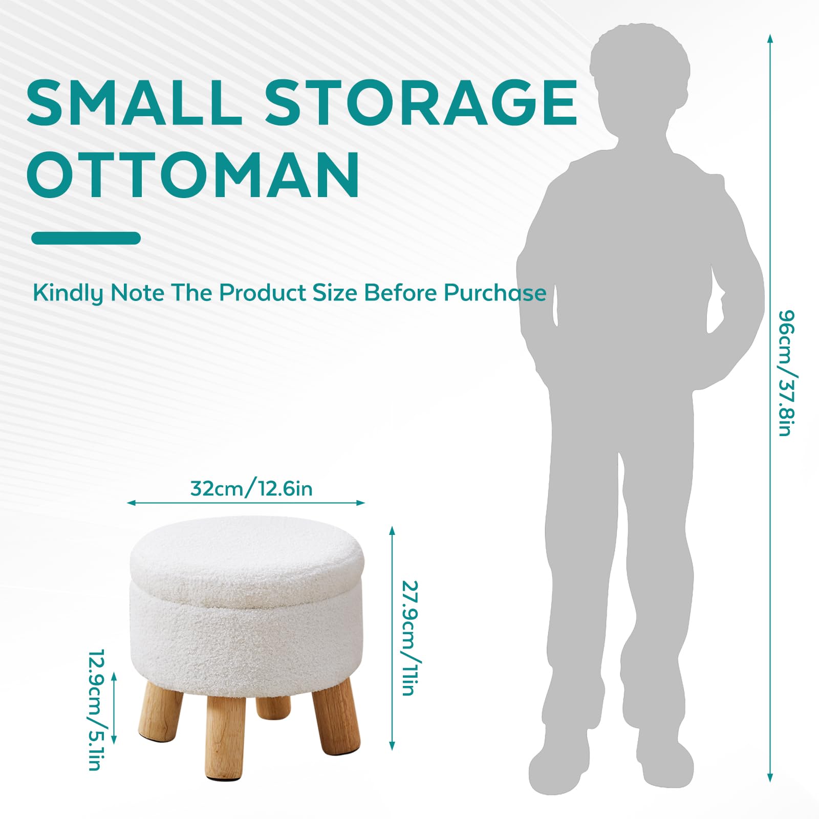 BRIAN & DANY Footstool with Storage, Small Storage Ottoman, Teddy Fleece Round Stool with Lid, Sherpa Foot Stool with Legs for Living Room Entryway