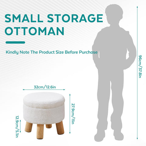 BRIAN & DANY Footstool with Storage, Small Storage Ottoman, Teddy Fleece Round Stool with Lid, Sherpa Foot Stool with Legs for Living Room Entryway