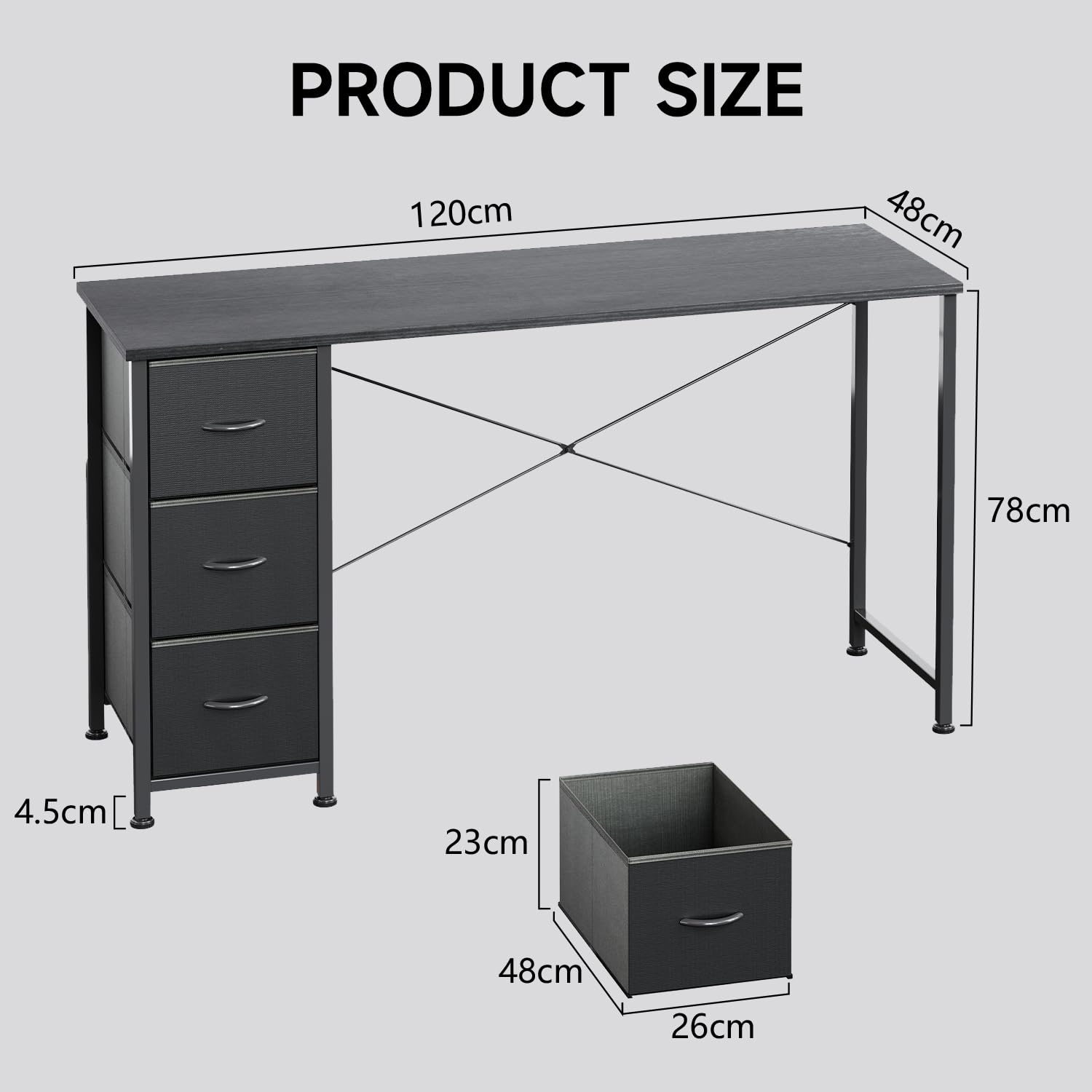 KitMent 120cm Wide Desk, Small Computer Desk with 3 Drawers, Home Office Desk with Adjustable Feet and Sturdy Frame