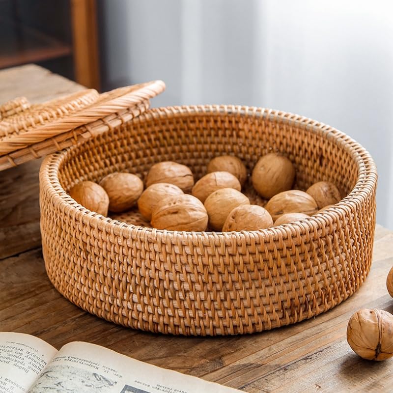 Rattan Basket With Lid, Wicker Basket for Organizing, Hand-Woven Decorative Box for Shlef or Table, Natural
