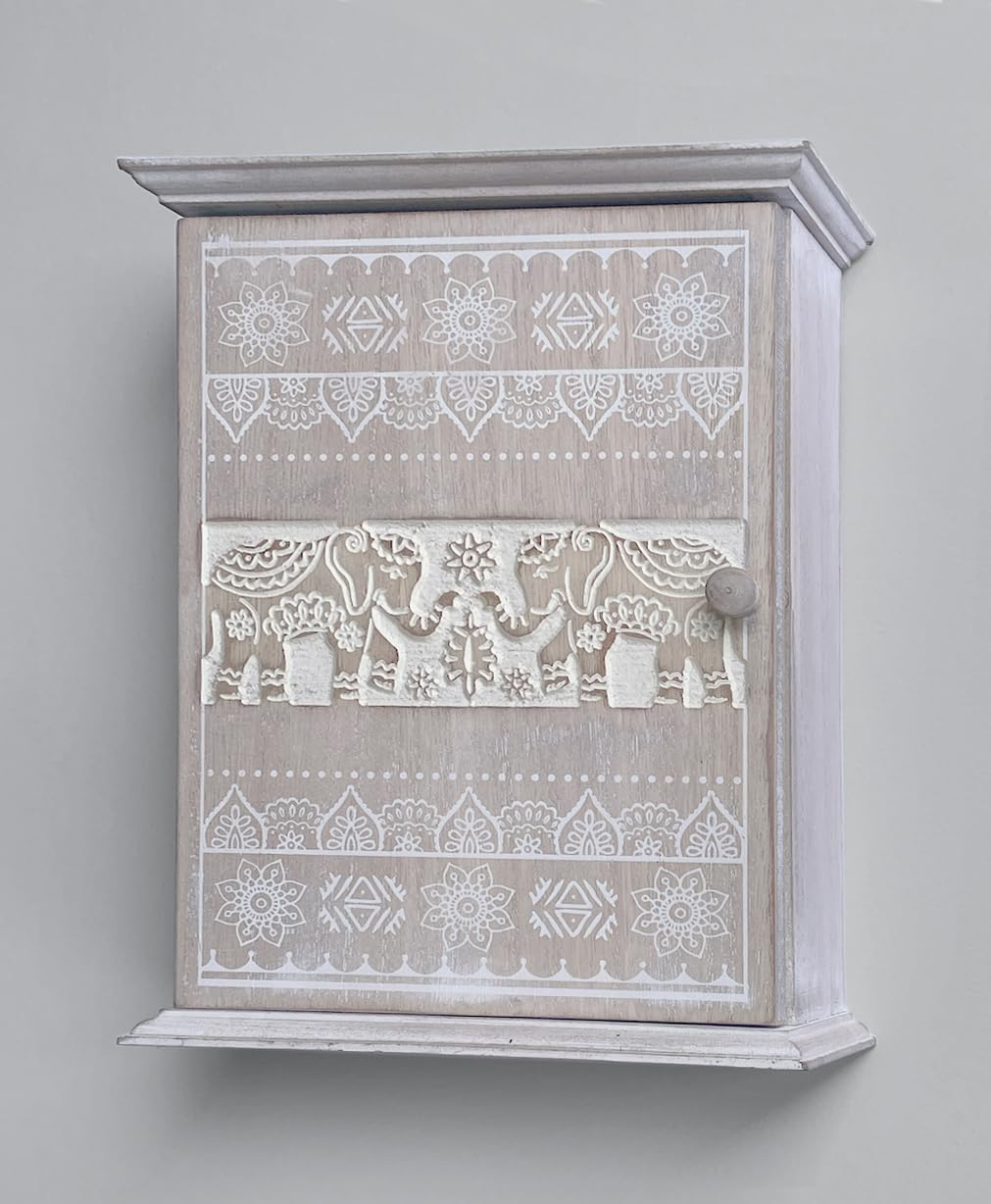 GreyZouq Wooden Key Cabinet Wall Mounted, Elephant Carving Design, Key Holder for Wall with 6 Hooks, Decorative Key Organiser, Magnetic Door Closure
