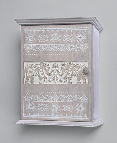 GreyZouq Wooden Key Cabinet Wall Mounted, Elephant Carving Design, Key Holder for Wall with 6 Hooks, Decorative Key Organiser, Magnetic Door Closure