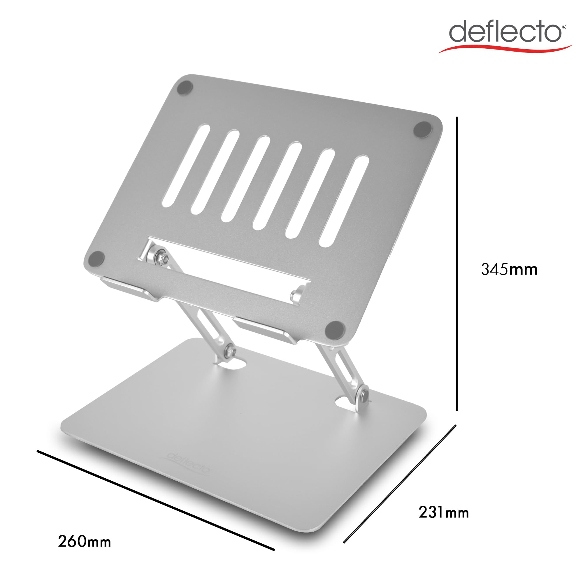 Deflecto Folding Adjustable Height Aluminium Laptop Stand with Vertical Vented Platform suitable for Laptops up to 17" in Silver