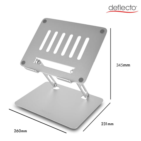 Deflecto Folding Adjustable Height Aluminium Laptop Stand with Vertical Vented Platform suitable for Laptops up to 17" in Silver