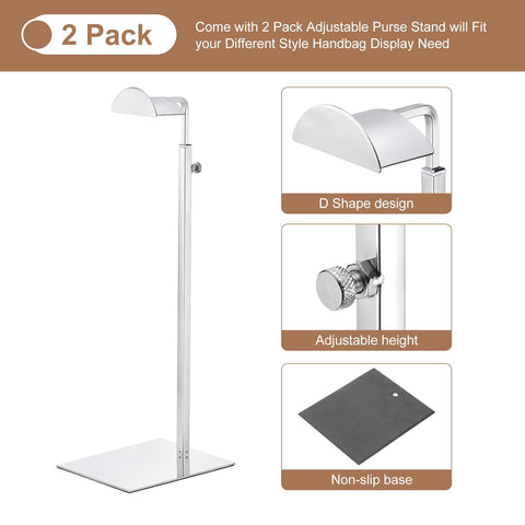 sourcing map Purse Display Stand Set 2 Pack Metal Adjustable Handbag Rack Single Hook Holder for Boutique Store - Silver