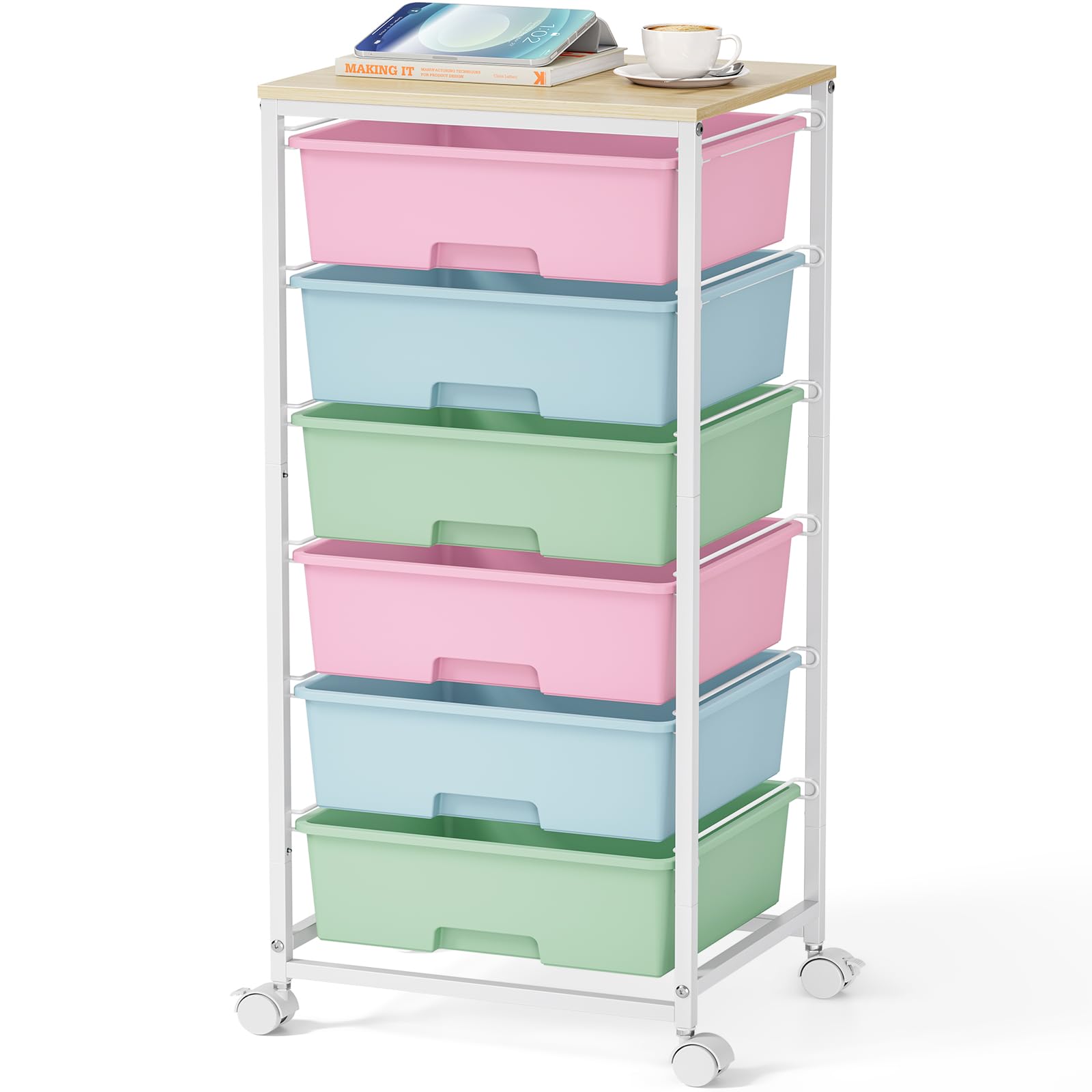 6-Drawer Craft Organizer Trolley Cart with Wooden Top