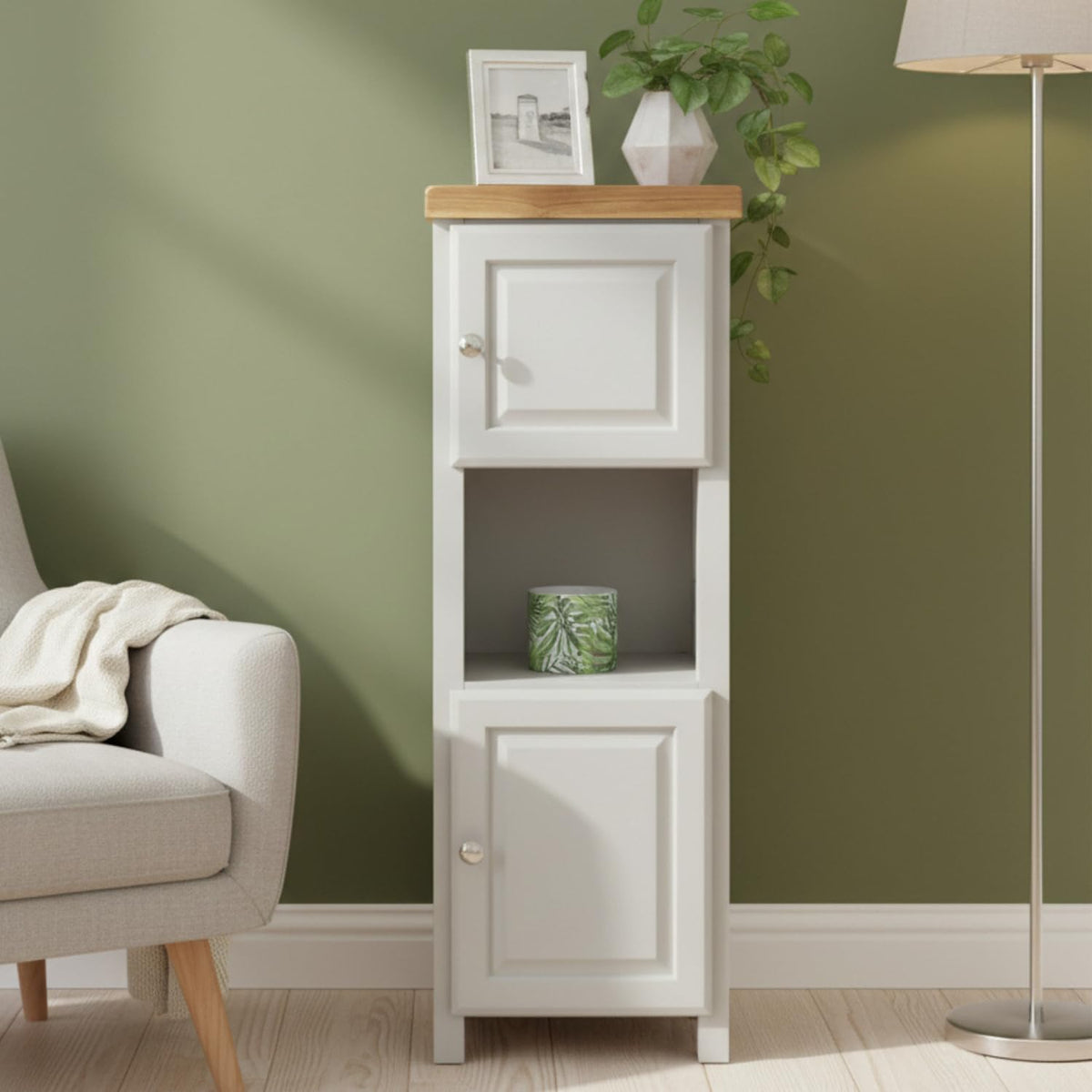 GROFurniture Tall Painted Slim Cabinet Grey, Hallway Storage or Livingroom Unit, Corner Display Unit with Shelf