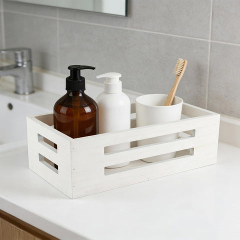 Punorric Wooden Toilet Paper Basket, White Bathroom Storage Basket with Handle, Toilet Paper Organiser Tray for Bath