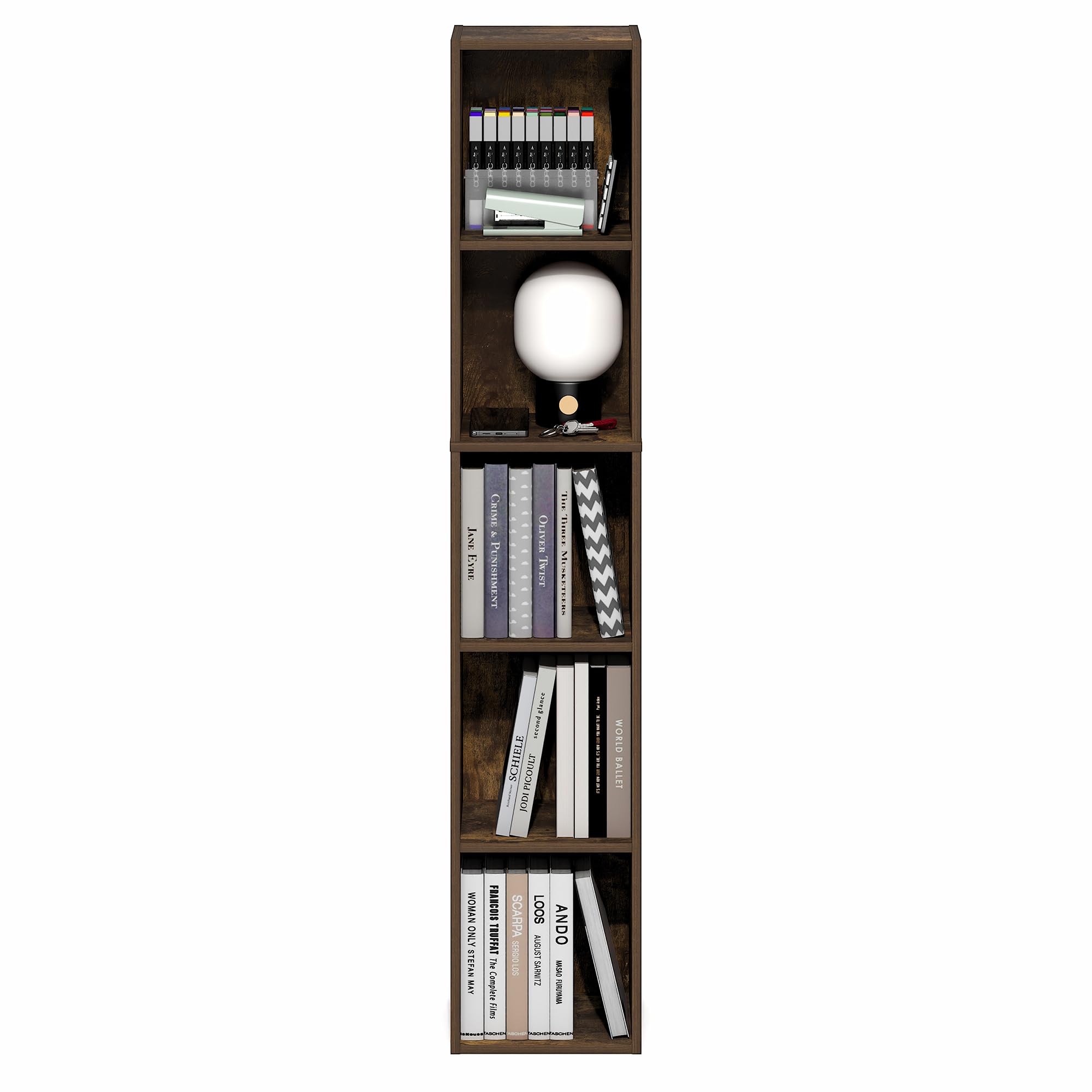 Furinno FULDA 5-Tier Tall Narrow Bookshelf, Standing Bookcase with 25.4 cm Width Storage Shelf, 23.6 x 24.9 x 131.8 cm, for Organization Storage