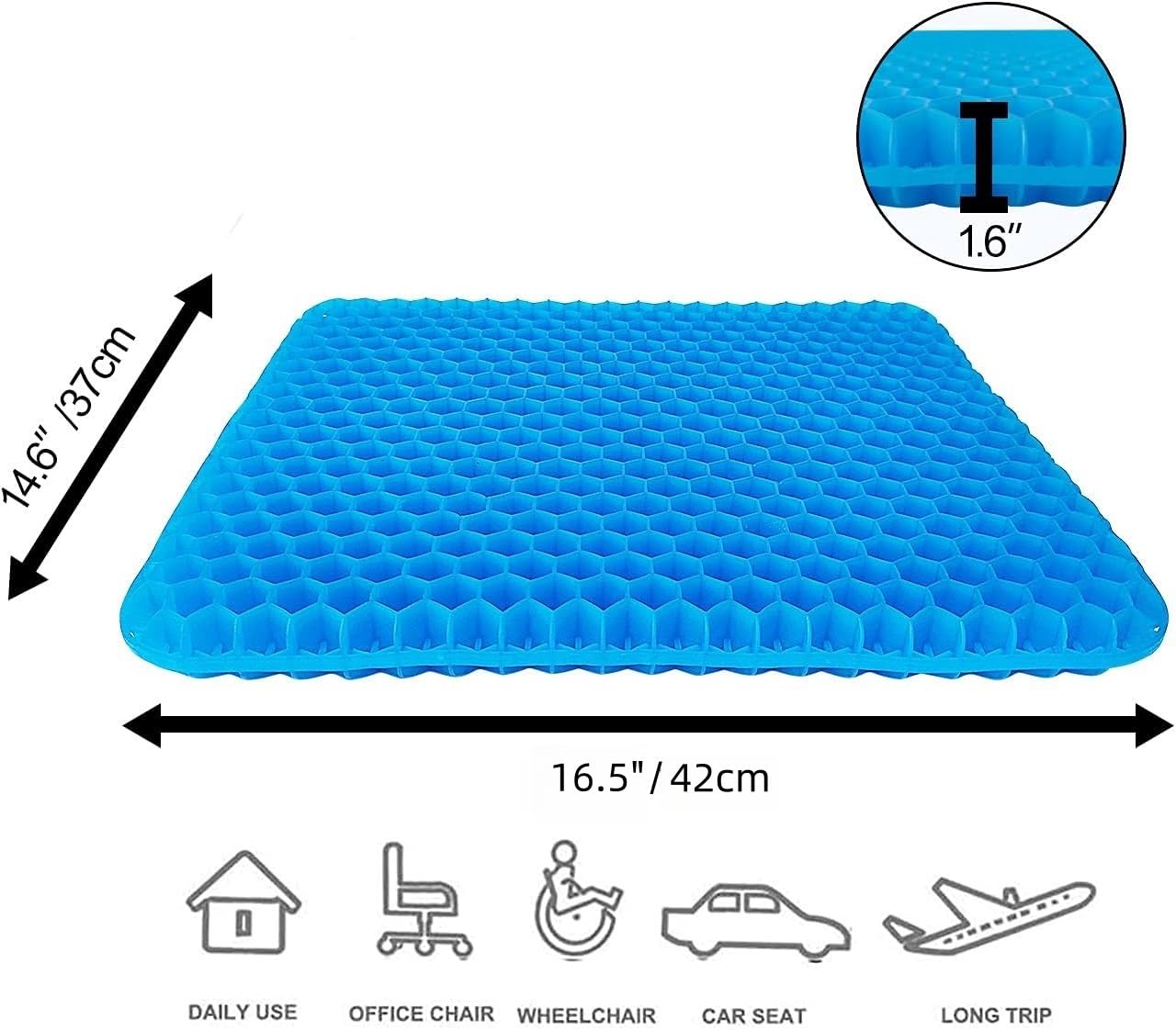 Spring.Rd 1.4"(4CM) Thick Gel Seat Cushion, Double Large Breathable Honeycomb Design Cool Gel Cushion with Washable Seat Cover for Office Chair Car