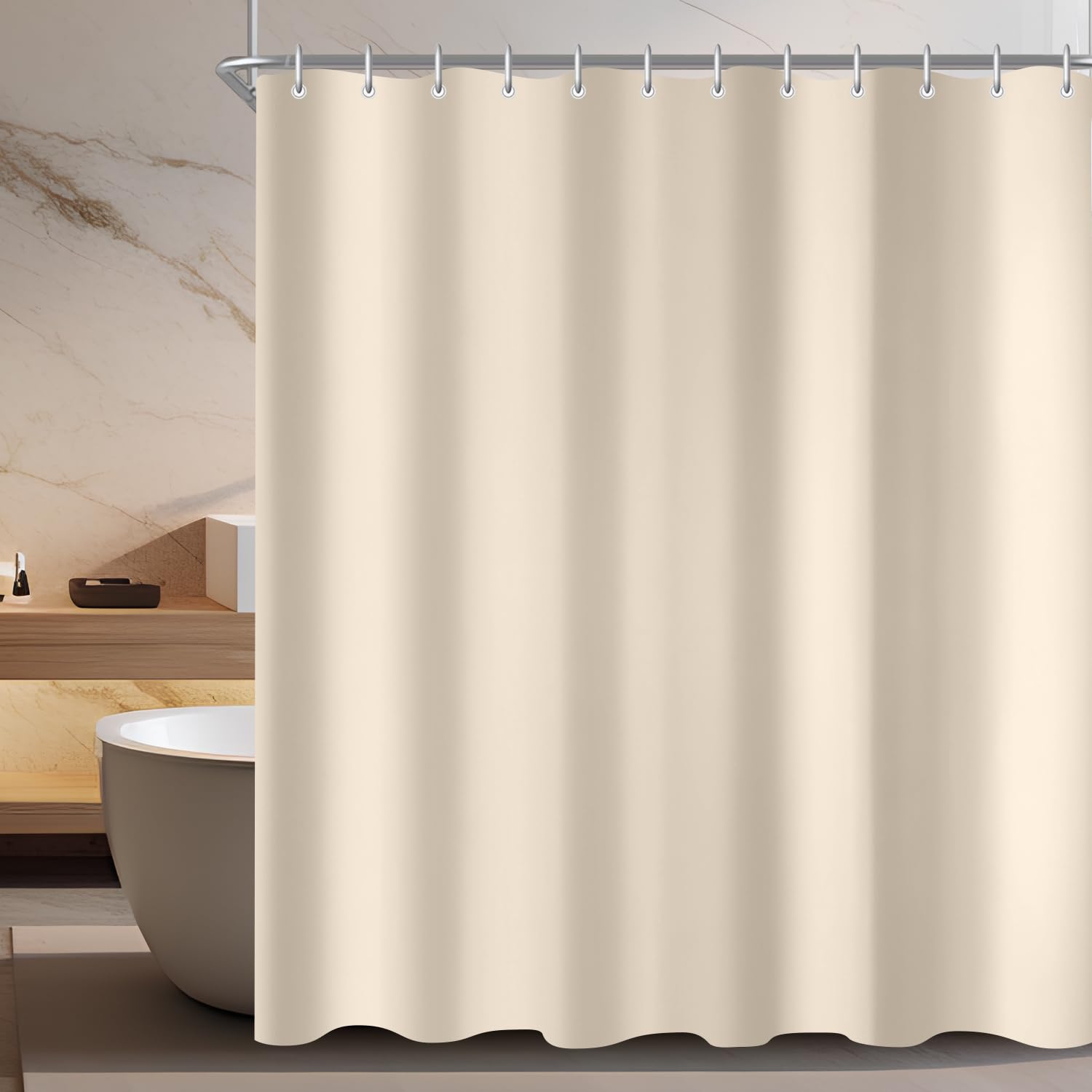 Lerores Shower Curtain, 280 x 200 cm, Beige, Weighted Hem, Anti-Mould Textile, Water-Repellent, Washable Polyester Fabric Bath Curtains for Bathroom