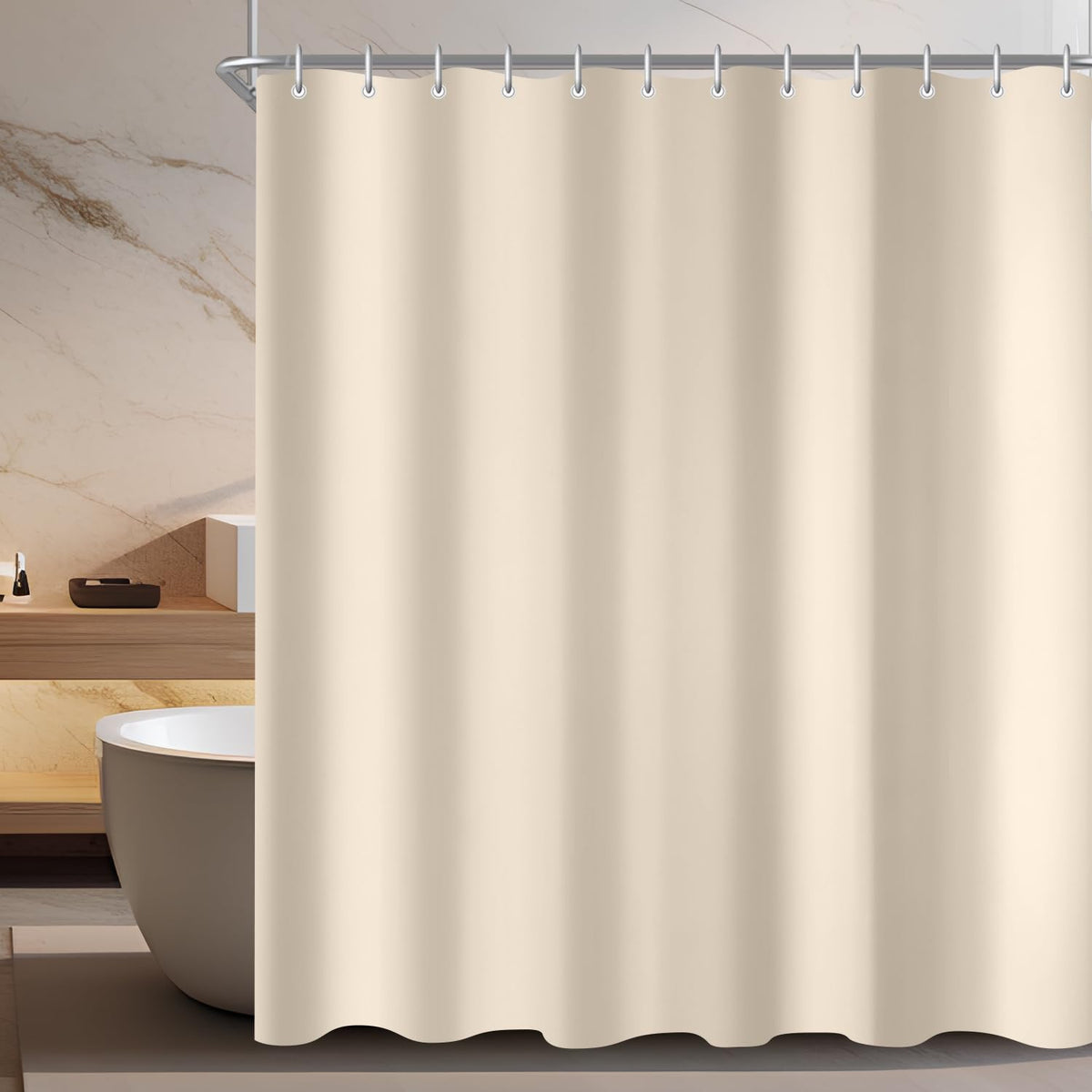 Lerores Shower Curtain, 280 x 200 cm, Beige, Weighted Hem, Anti-Mould Textile, Water-Repellent, Washable Polyester Fabric Bath Curtains for Bathroom
