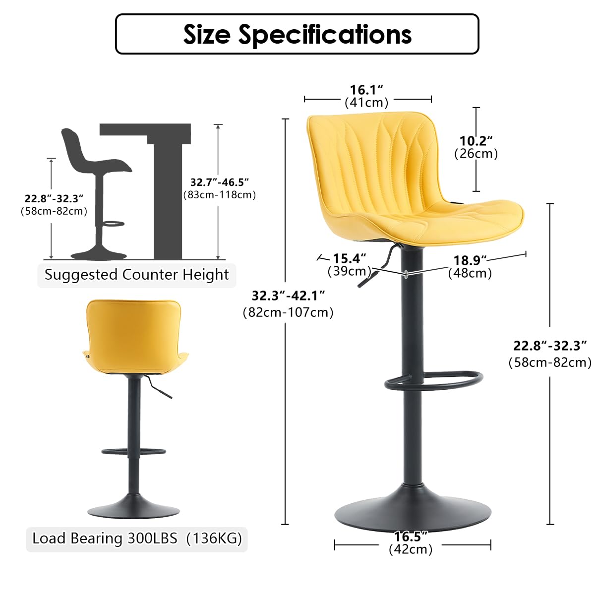 Kidol & Shellder Bar Stools Set of 2 Swivel Breakfast Barstools, Yellow
