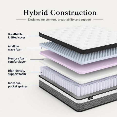 Bednew Hybrid Mattress, Single-Size 32cm 3FT, Medium Firm, Memory Foam & Individually Pocket Spring for Pain Relief, Mattress in a Box