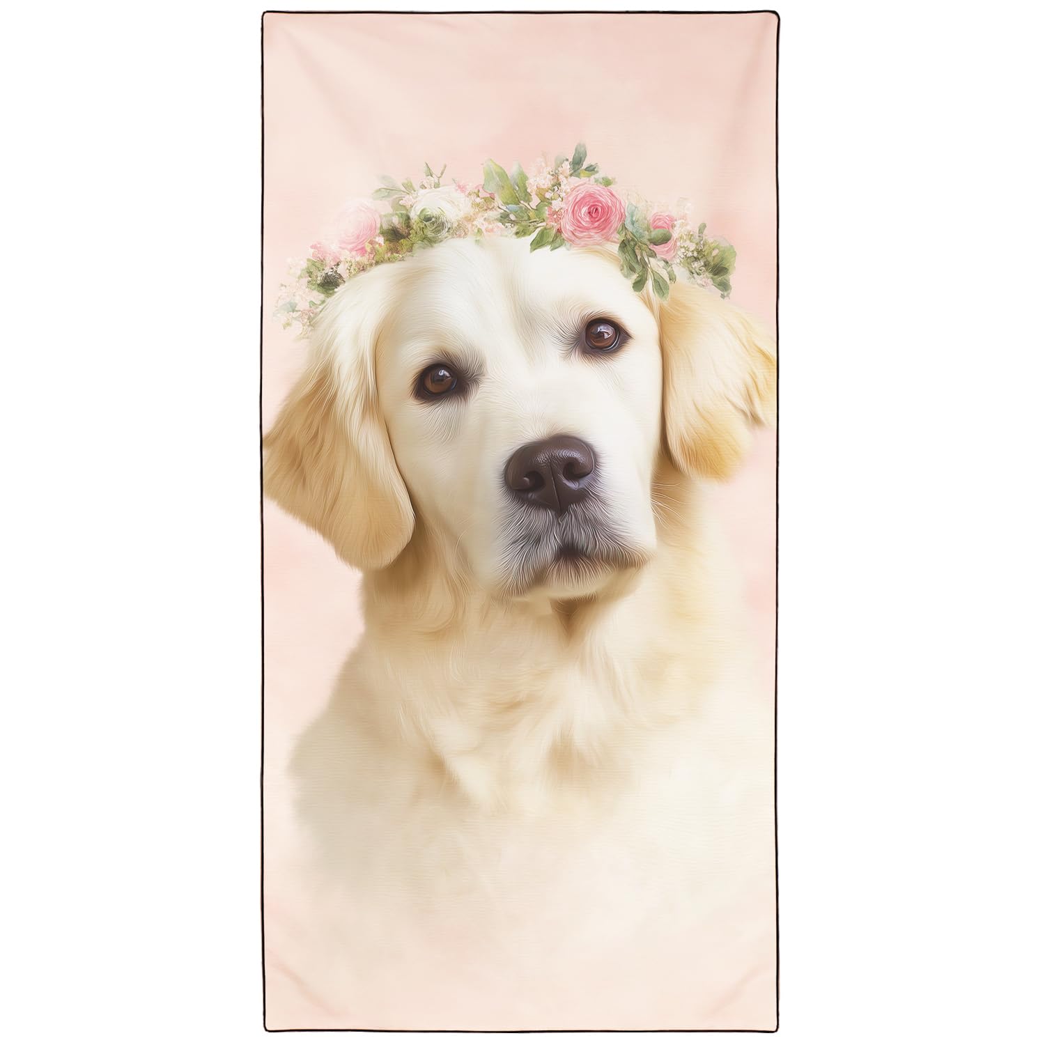 Violetpos Floral Wreath Golden Retriever Beach Towel for Dog Lovers, Extra Large 180x90 cm 250GSM Microfibre, Sand Free Quick Dry