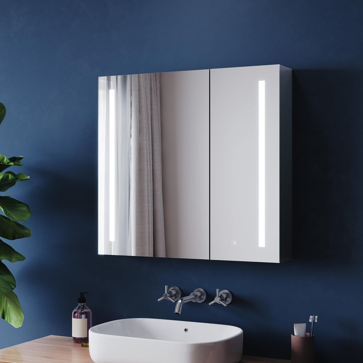 ZANOFIRA Illuminated LED Bathroom Mirror Cabinets with Shaver Socket, Concealed Storage Bathroom Cabinets Ready Assembled Double Mirrored Door with 3