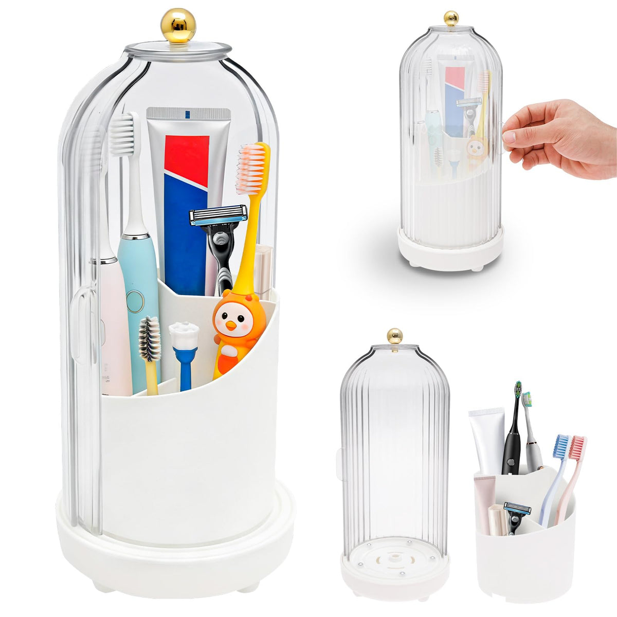 Toothbrush Holder with Cover - 360° Rotating 3-Slot Organizer with Drainage for Bathroom Vanity Counter
