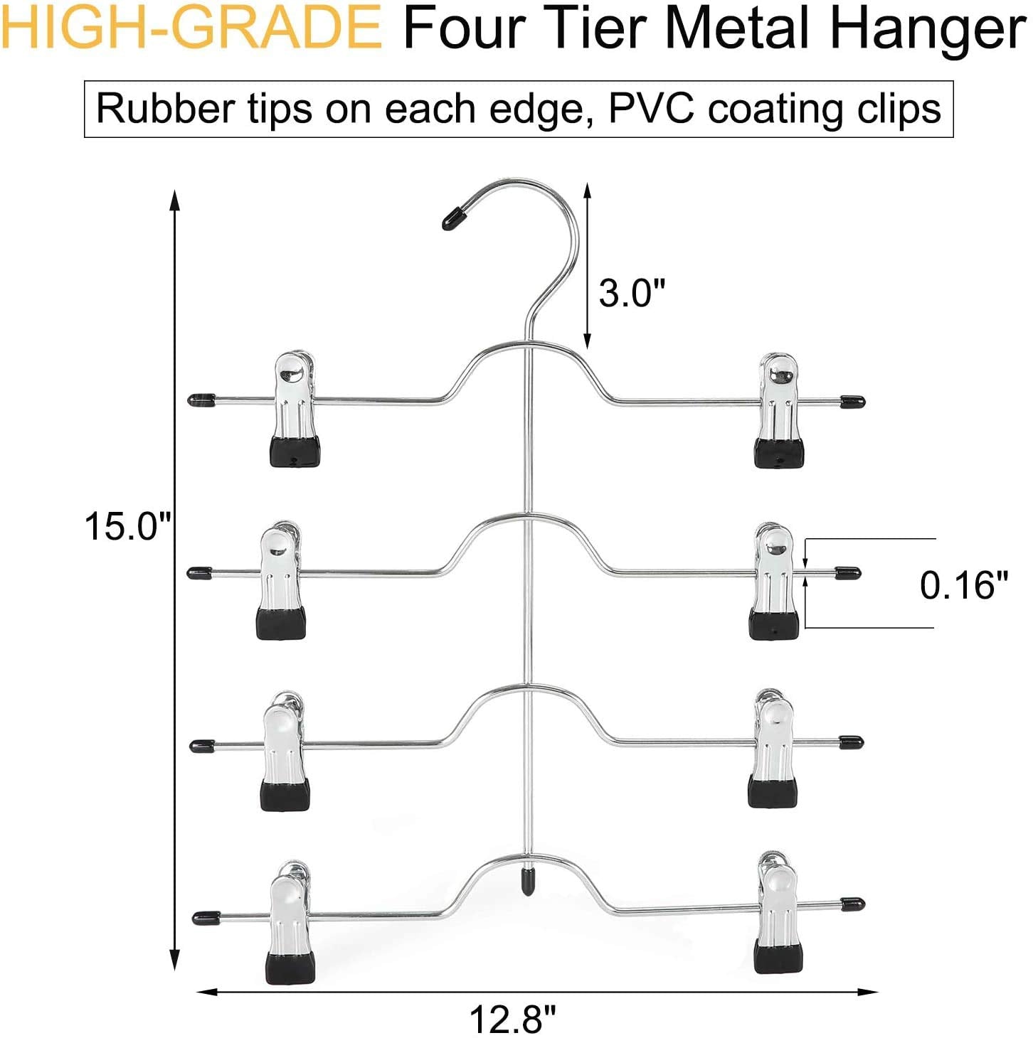 TOPIA HANGER 4 Tier Metal Skirt Hangers for Women, Pants Hanger Space Saving with Adjustable Clips, Gain 70% More Space, Non Slip Grip for Slacks
