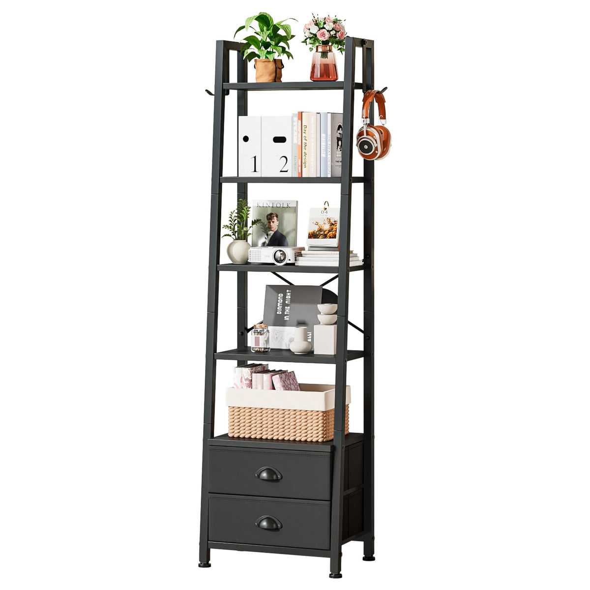 Wooruy 5 Tier Narrow Bookshelf with 2 Fabric Drawers Corner Ladder Shelf