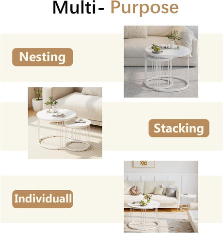 Huhote Round Coffee Tables, Set of 2 End Table, Nesting Tables, Side Table with Metal Frame for Living Room/Bedroom/Balcony/Office/Apartment