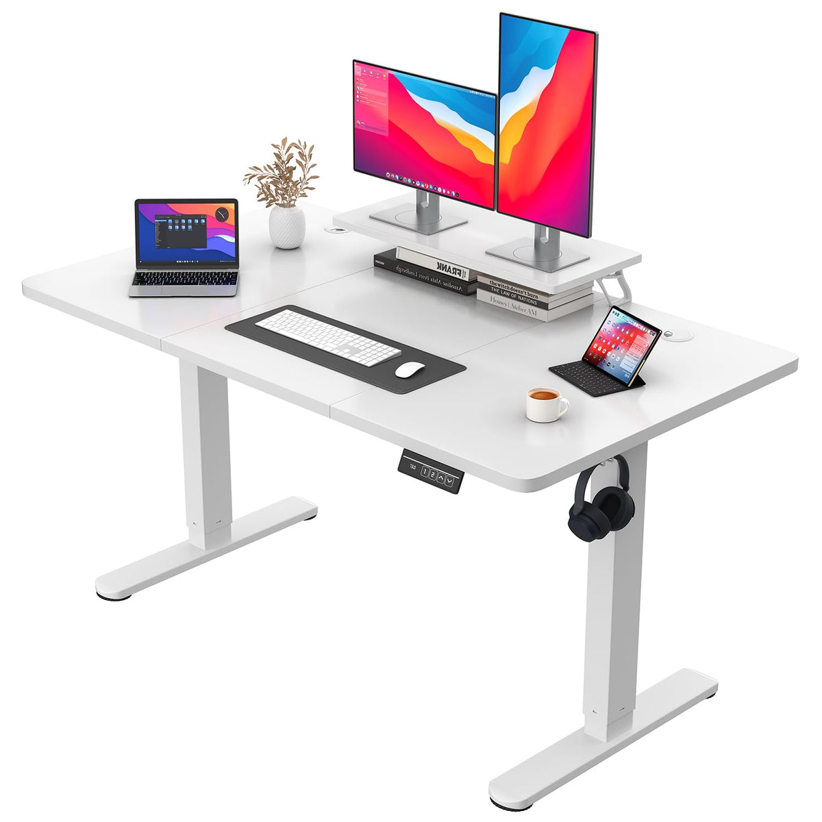JUMMICO Electric Standing Desk with Monitor Stand, 140x60cm Height Adjustable Desk, Office Table with 2 Memory Smart Pannel,White