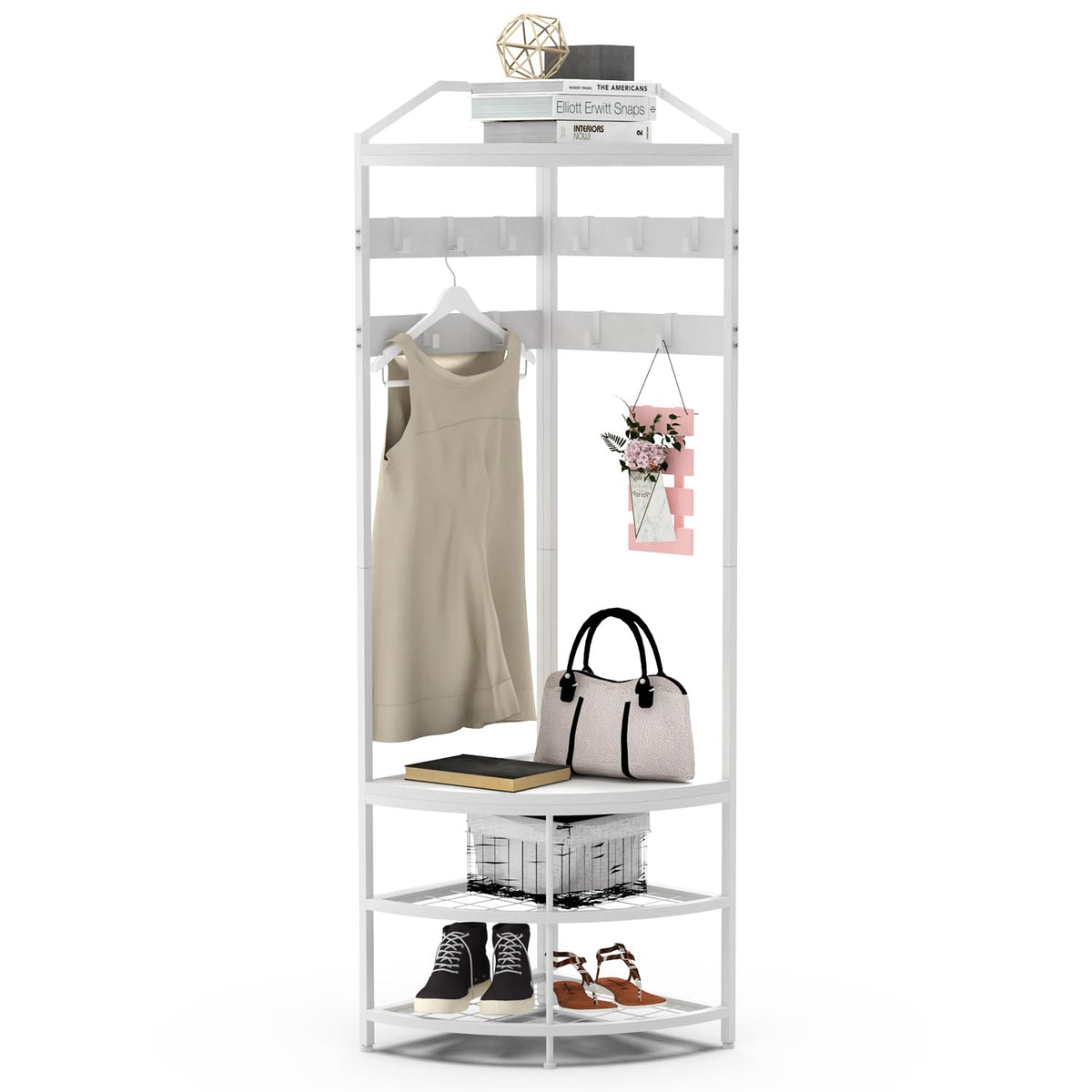 VEDECASA Metal Coat Rack - Corner - Hallway Tree - Freestanding Garment Rack with 12 Movable Hooks and Storage Shelf for Hallway, Living Room