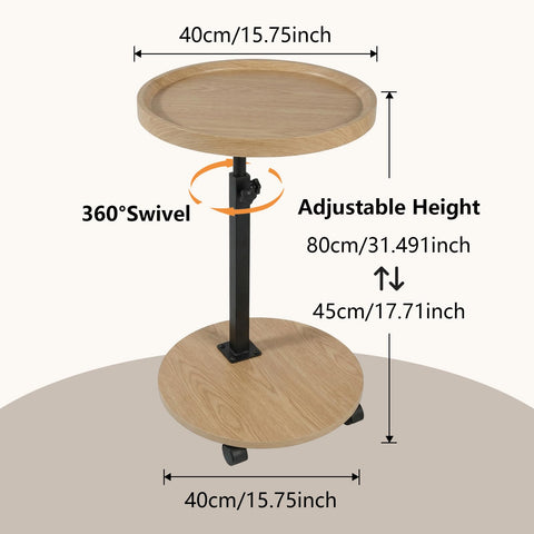 OUAYEMEL Side Table Adjustable Height, 360°Swivel End/Bedside Tables with Wheels for Sofa Bedroom Office Living Room, Coffee Tables for Small Spaces