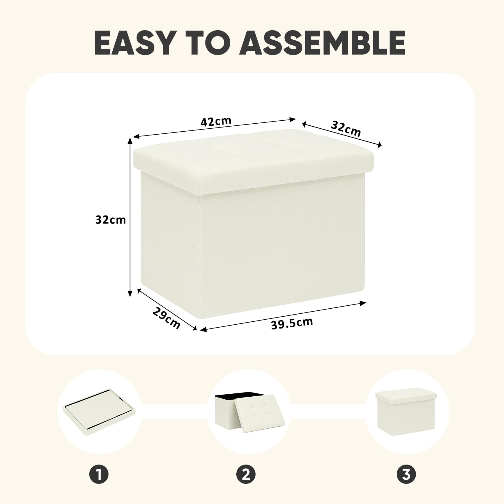 PINPLUS Linen Storage Ottoman Box, Foldable Footstool, Cream White