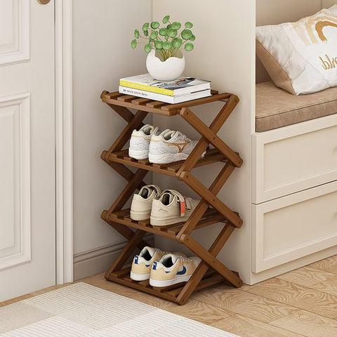 Tielag Vertical Shoe Rack Folding 4 Tier, Narrow Shoe Storage Rack, Bamboo Shoe Shelf, Tall Shoe Stand, Without Installation